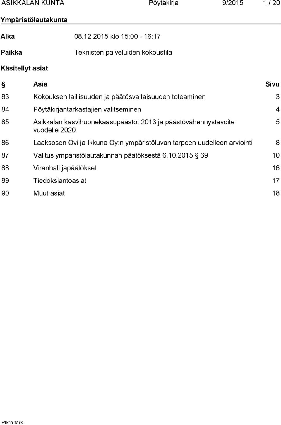 toteaminen 3 84 Pöytäkirjantarkastajien valitseminen 4 85 Asikkalan kasvihuonekaasupäästöt 2013 ja päästövähennystavoite vuodelle 2020 5