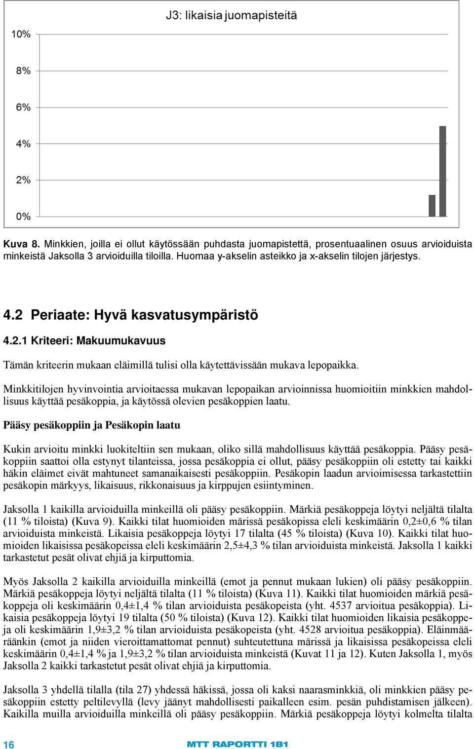 Minkkitilojen hyvinvointia arvioitaessa mukavan lepopaikan arvioinnissa huomioitiin minkkien mahdollisuus käyttää pesäkoppia, ja käytössä olevien pesäkoppien laatu.