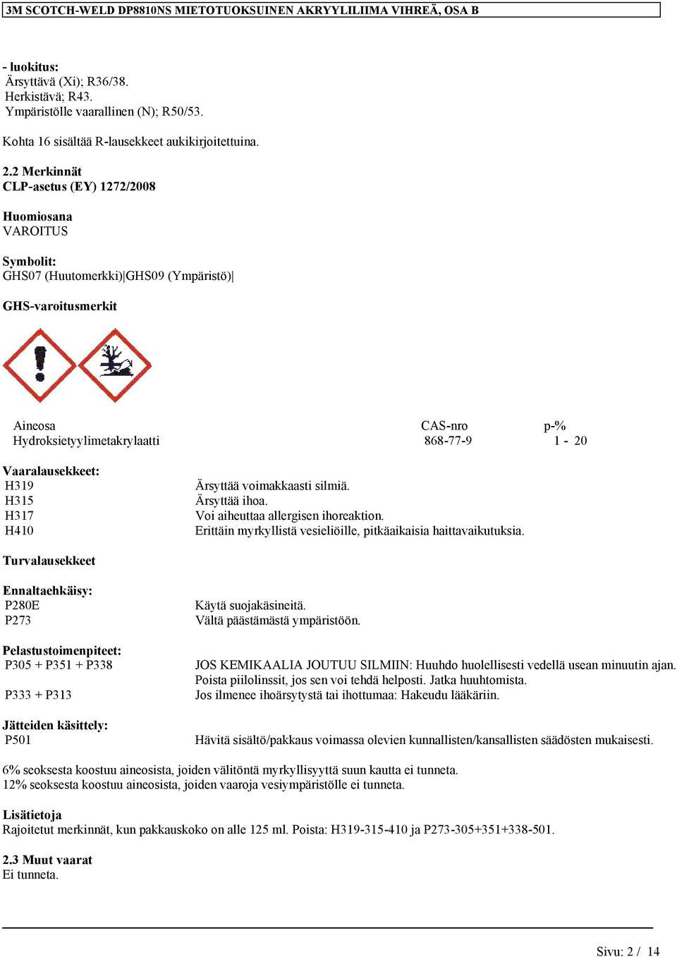 2 Merkinnät CLP-asetus (EY) 1272/2008 Huomiosana VAROITUS Symbolit: GHS07 (Huutomerkki) GHS09 (Ympäristö) GHS-varoitusmerkit Aineosa CAS-nro p-% Hydroksietyylimetakrylaatti 868-77-9 1-20