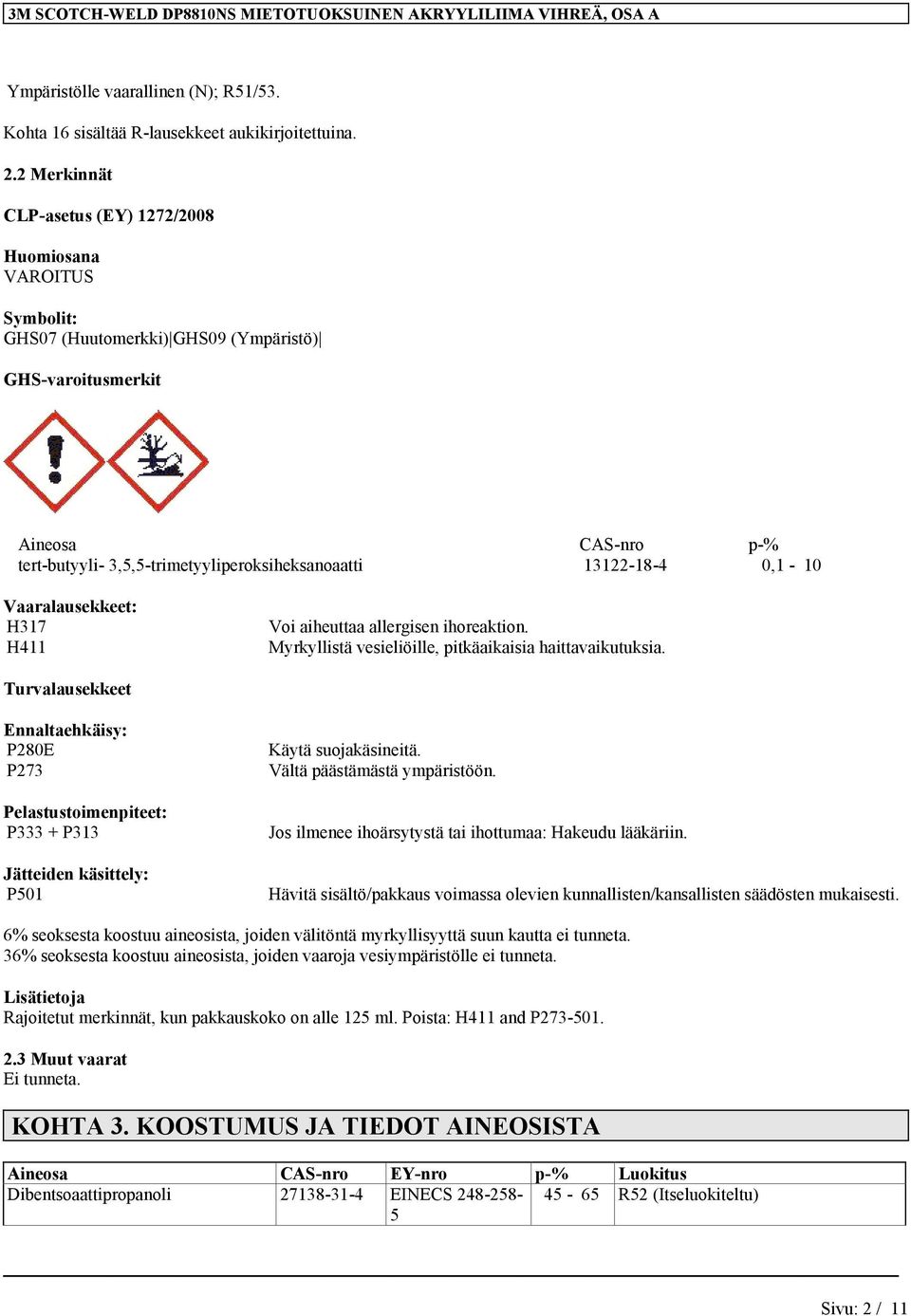 13122-18-4 0,1-10 Vaaralausekkeet: H317 H411 Voi aiheuttaa allergisen ihoreaktion. Myrkyllistä vesieliöille, pitkäaikaisia haittavaikutuksia.