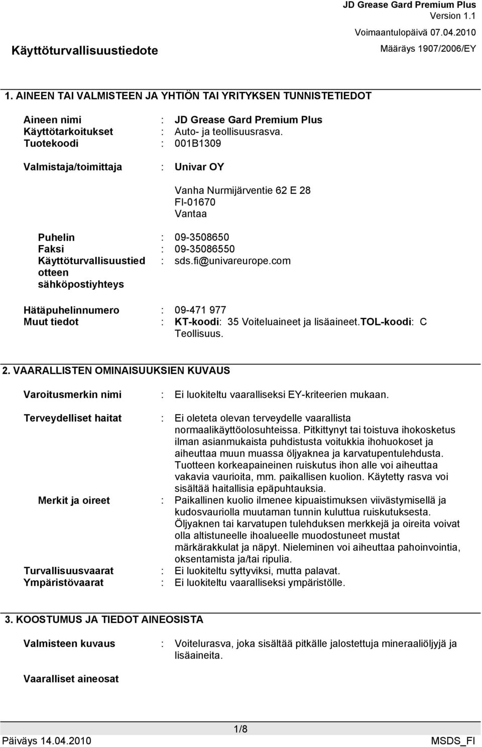 fi@univareurope.com Hätäpuhelinnumero : 09-471 977 Muut tiedot : KT-koodi: 35 Voiteluaineet ja lisäaineet.tol-koodi: C Teollisuus. 2.