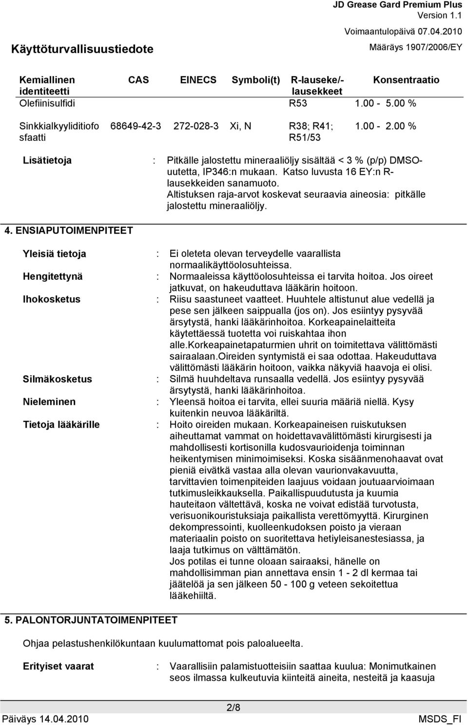 Altistuksen raja-arvot koskevat seuraavia aineosia: pitkälle jalostettu mineraaliöljy. 4. ENSIAPUTOIMENPITEET Yleisiä tietoja : Ei oleteta olevan terveydelle vaarallista normaalikäyttöolosuhteissa.