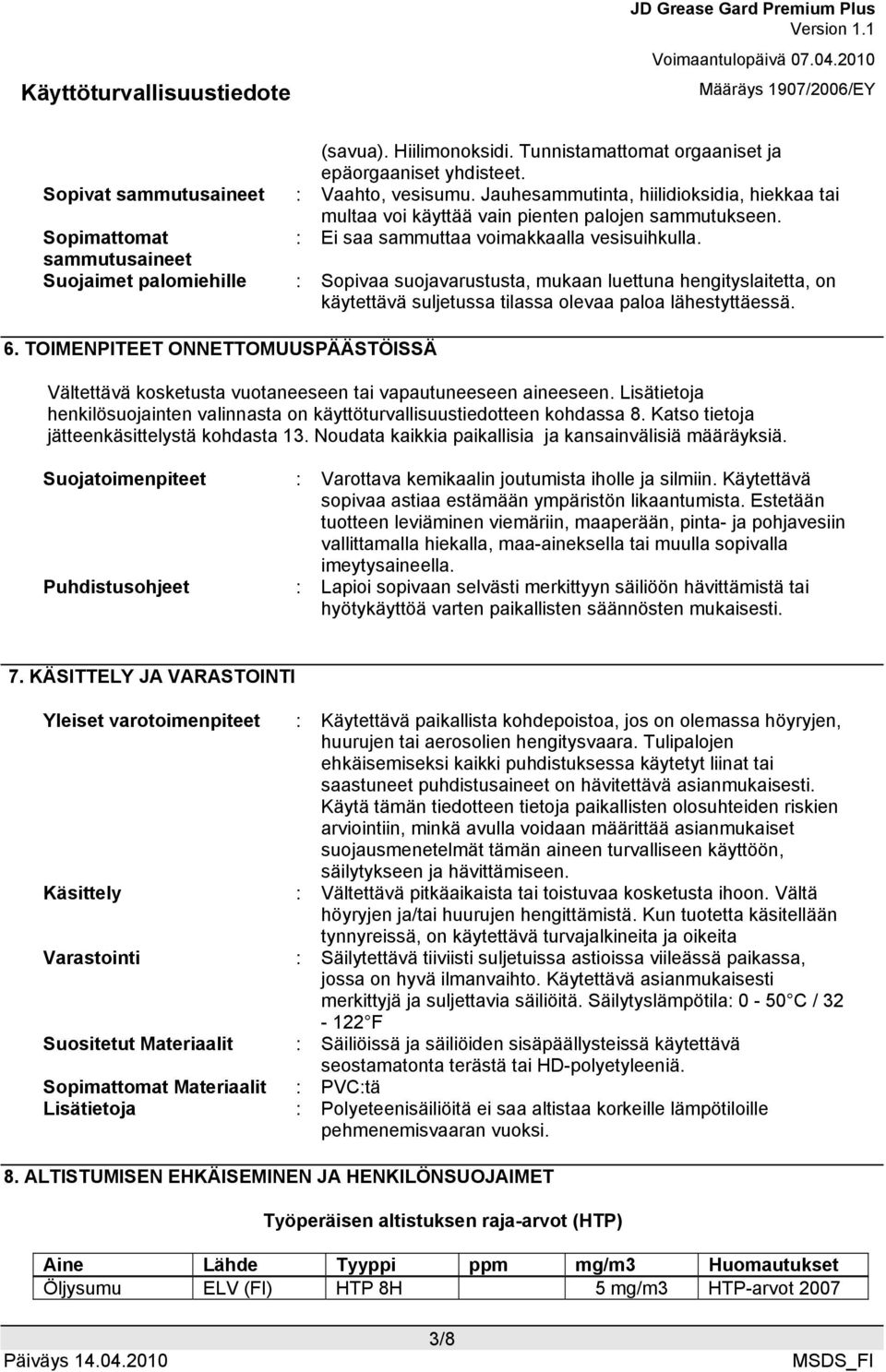 sammutusaineet Suojaimet palomiehille : Sopivaa suojavarustusta, mukaan luettuna hengityslaitetta, on käytettävä suljetussa tilassa olevaa paloa lähestyttäessä. 6.