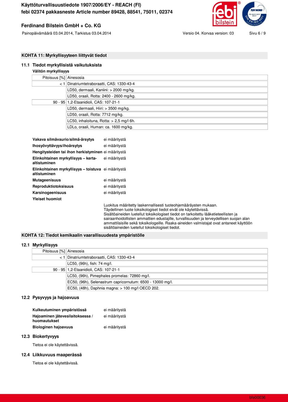 90-95 1,2-Etaanidioli, CAS: 107-21-1 LD50, dermaali, Hiiri: > 3500 mg/kg. LD50, oraali, Rotta: 7712 mg/kg. LC50, inhaloituna, Rotta: > 2,5 mg/l 6h. LDLo, oraali, Human: ca. 1600 mg/kg.