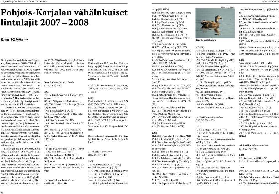 Vuodesta 2009 alkaen tätä katsausta ei enää tulla tekemään, vaan tämän katsauksen lajit sisällytetään vuodenaikaiskatsauksiin.