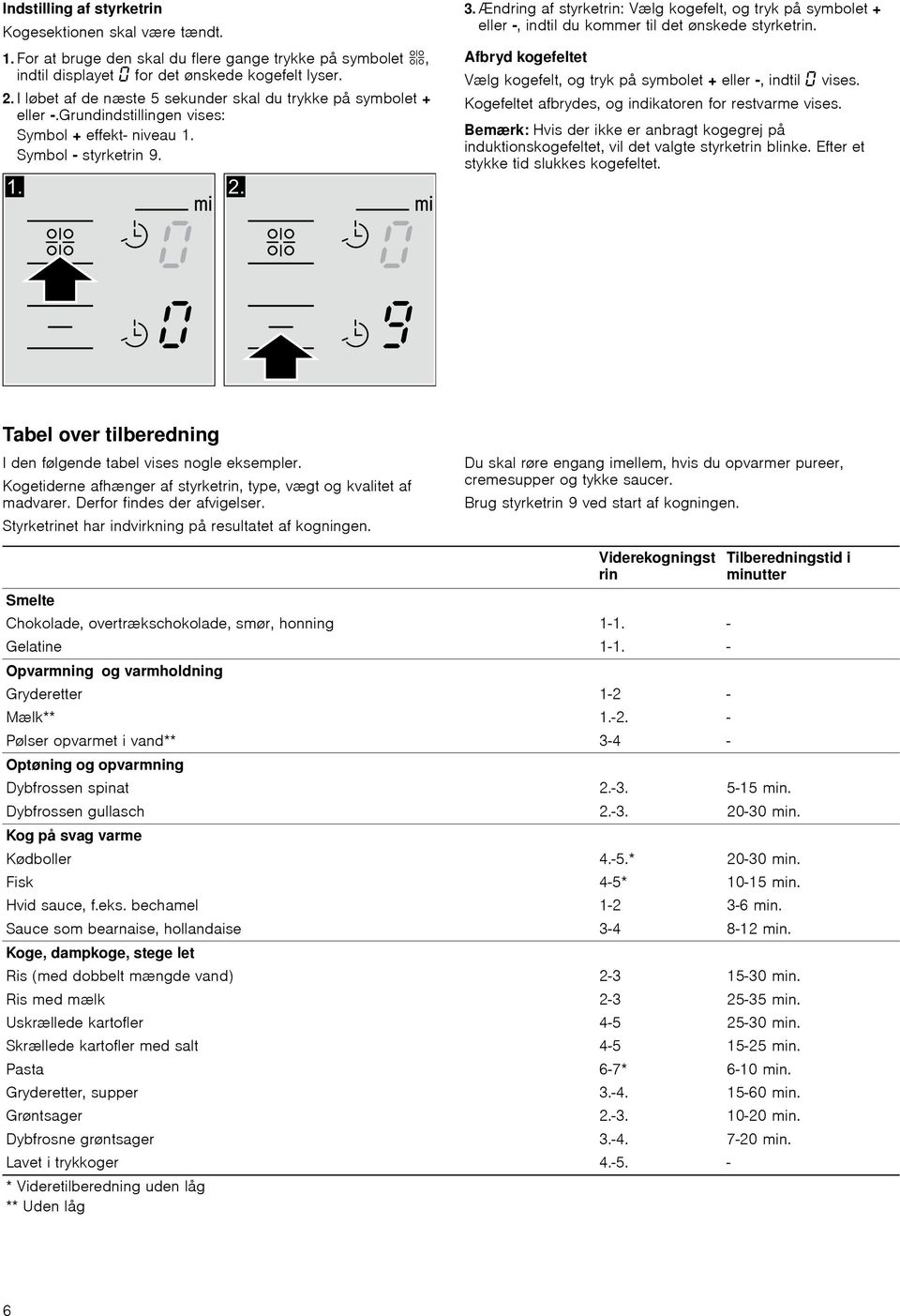 Ændring af styrketrin: Vælg kogefelt, og tryk på symbolet + eller, indtil du kommer til det ønskede styrketrin. Afbryd kogefeltet Vælg kogefelt, og tryk på symbolet + eller, indtil vises.