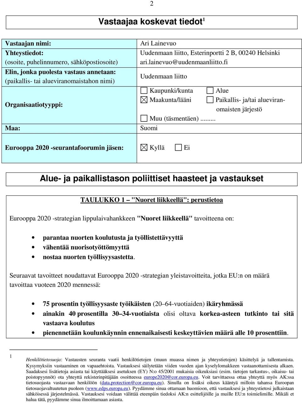 fi Uudenmaan liitto Kaupunki/kunta Alue Maakunta/lääni Paikallis- ja/tai alueviranomaisten järjestö Muu (täsmentäen).