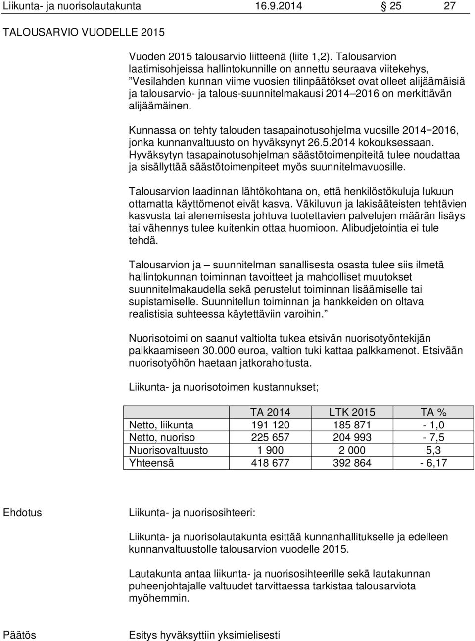 2016 on merkittävän alijäämäinen. Kunnassa on tehty talouden tasapainotusohjelma vuosille 2014 2016, jonka kunnanvaltuusto on hyväksynyt 26.5.2014 kokouksessaan.