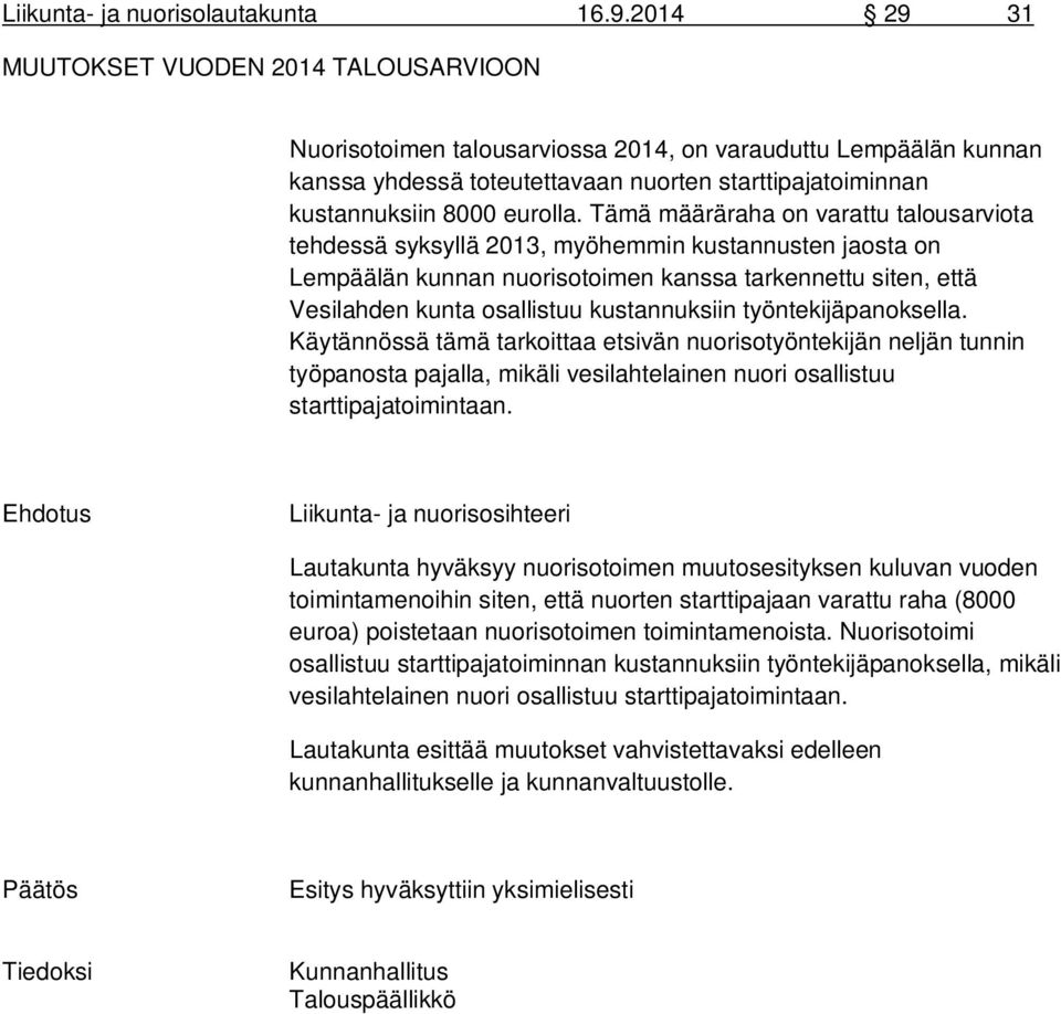 Tämä määräraha on varattu talousarviota tehdessä syksyllä 2013, myöhemmin kustannusten jaosta on Lempäälän kunnan nuorisotoimen kanssa tarkennettu siten, että Vesilahden kunta osallistuu