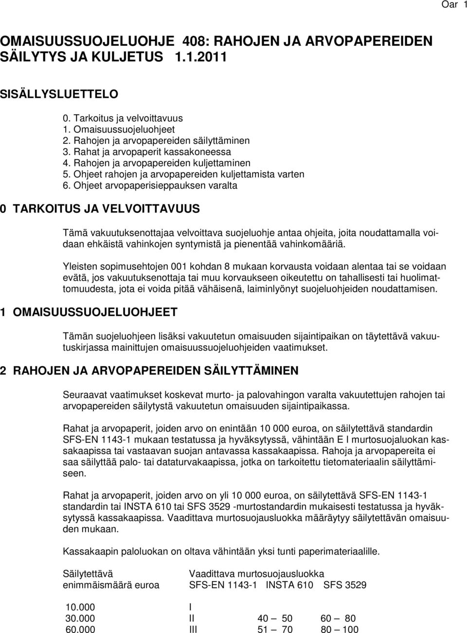 Ohjeet arvopaperisieppauksen varalta 0 TARKOITUS JA VELVOITTAVUUS Tämä vakuutuksenottajaa velvoittava suojeluohje antaa ohjeita, joita noudattamalla voidaan ehkäistä vahinkojen syntymistä ja