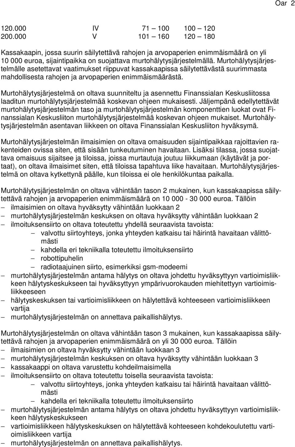 Murtohälytysjärjestelmälle asetettavat vaatimukset riippuvat kassakaapissa säilytettävästä suurimmasta mahdollisesta rahojen ja arvopaperien enimmäismäärästä.