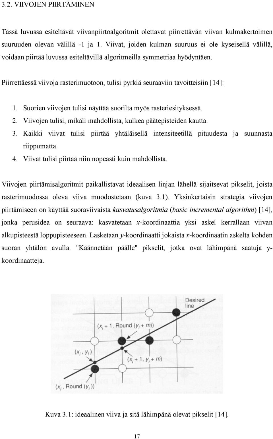 Piirrettäessä viivoja rasterimuotoon, tulisi pyrkiä seuraaviin tavoitteisiin [14]: 1. Suorien viivojen tulisi näyttää suorilta myös rasteriesityksessä. 2.