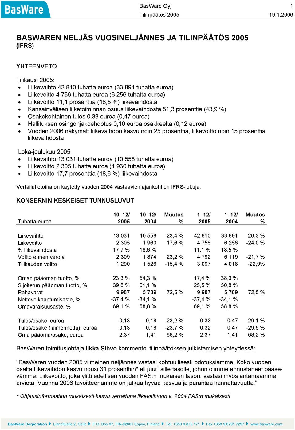 osingonjakoehdotus 0,10 euroa osakkeelta (0,12 euroa) Vuoden 2006 näkymät: liikevaihdon kasvu noin 25 prosenttia, liikevoitto noin 15 prosenttia liikevaihdosta Loka-joulukuu : Liikevaihto 13 031