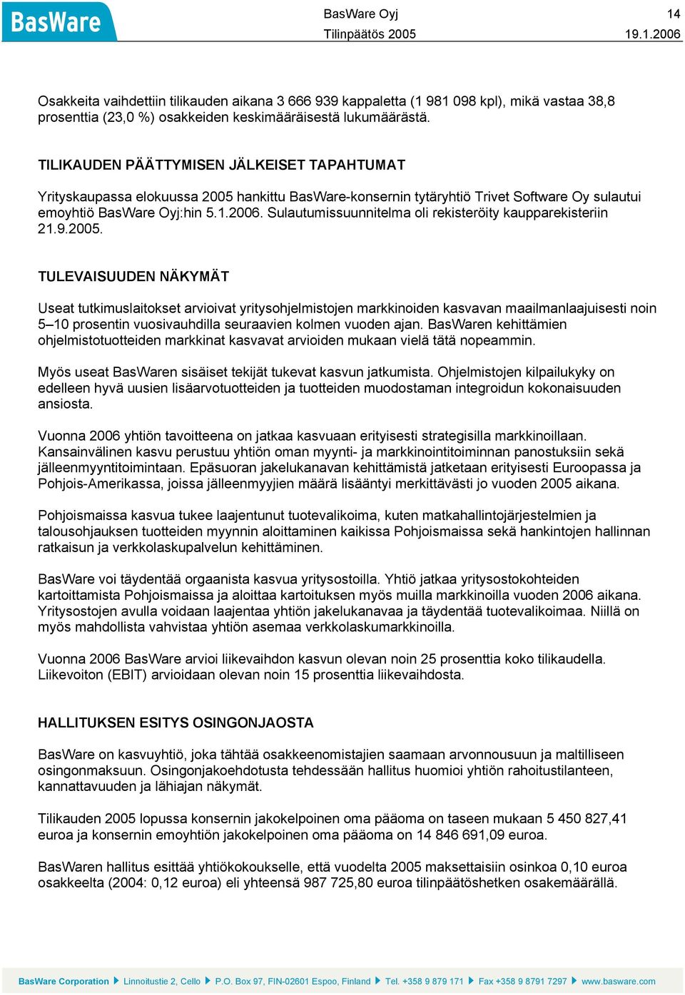 Sulautumissuunnitelma oli rekisteröity kaupparekisteriin 21.9.