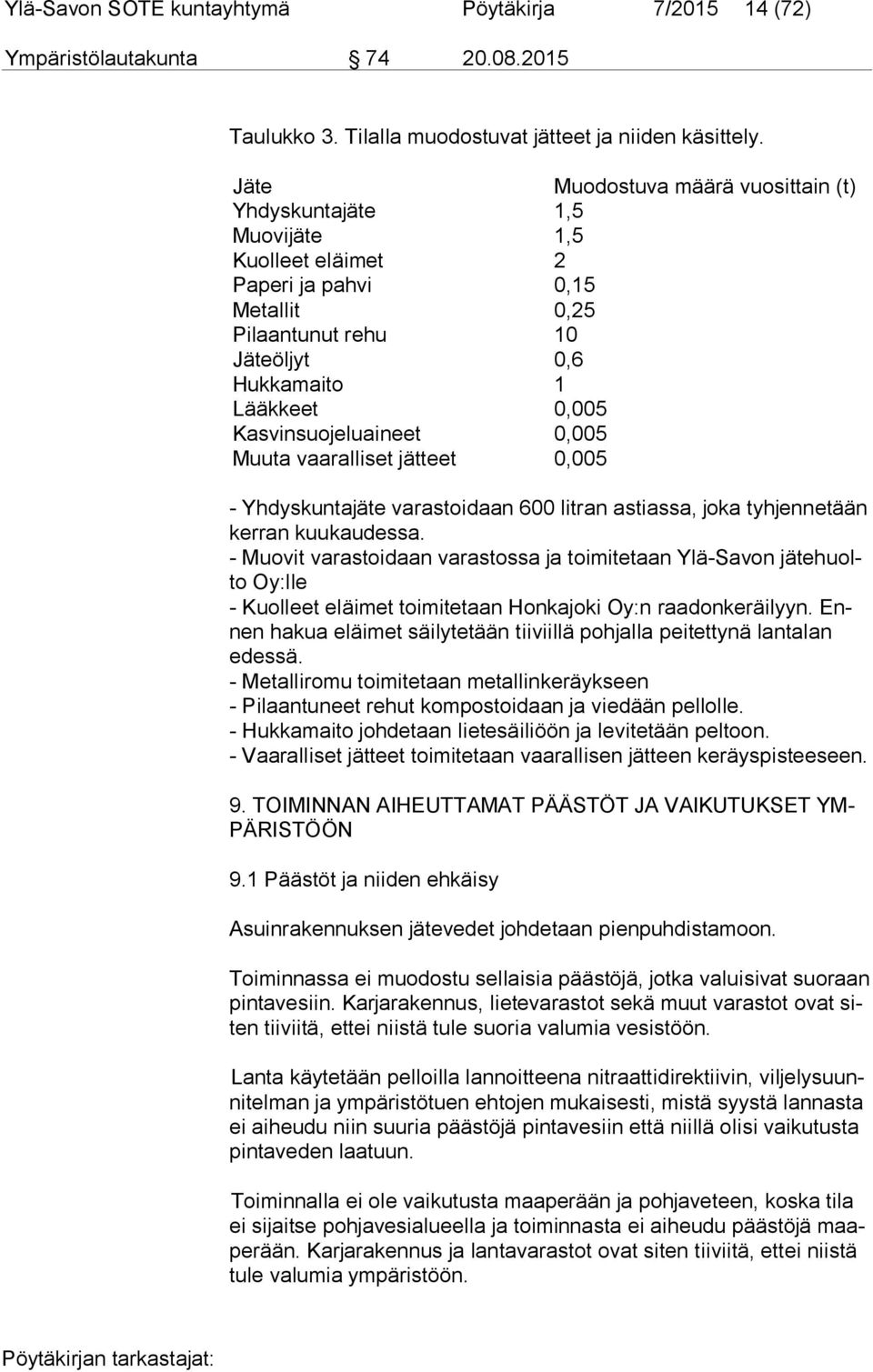 Kasvinsuojeluaineet 0,005 Muuta vaaralliset jätteet 0,005 - Yhdyskuntajäte varastoidaan 600 litran astiassa, joka tyhjennetään ker ran kuukaudessa.