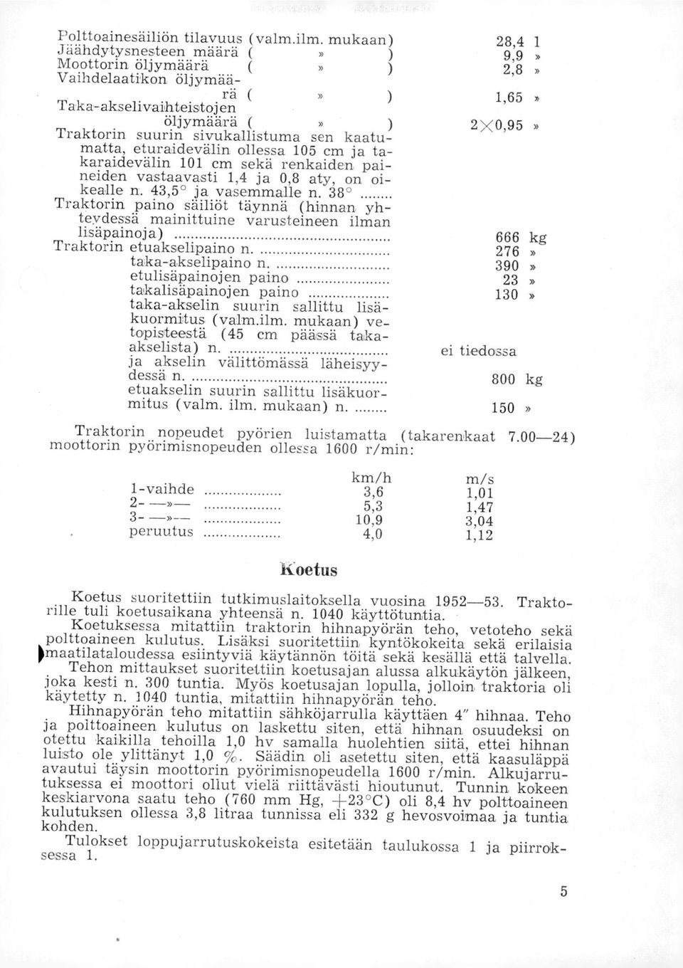 kaatumatta, eturaidevälin ollessa 105 cm ja takaraidevälin 101 cm sekä renkaiden paineiden vastaavasti 1,4 ja 0,8 aty, on oikealle n. 43,5 0 ja vasemmalle n.