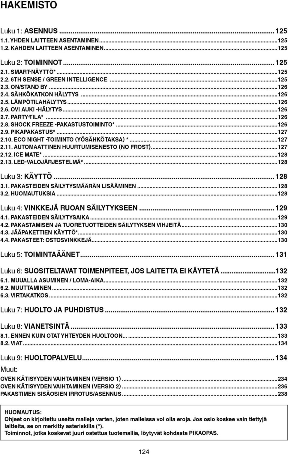 PIKAPAKASTUS*...127 2.10. ECO NIGHT -TOIMINTO (YÖSÄHKÖTAKSA) *...127 2.11. AUTOMAATTINEN HUURTUMISENESTO (NO FROST)...127 2.12. ICE MATE*...128 2.13. LED-VALOJÄRJESTELMÄ*...128 Luku 3: KÄYTTÖ... 128 3.