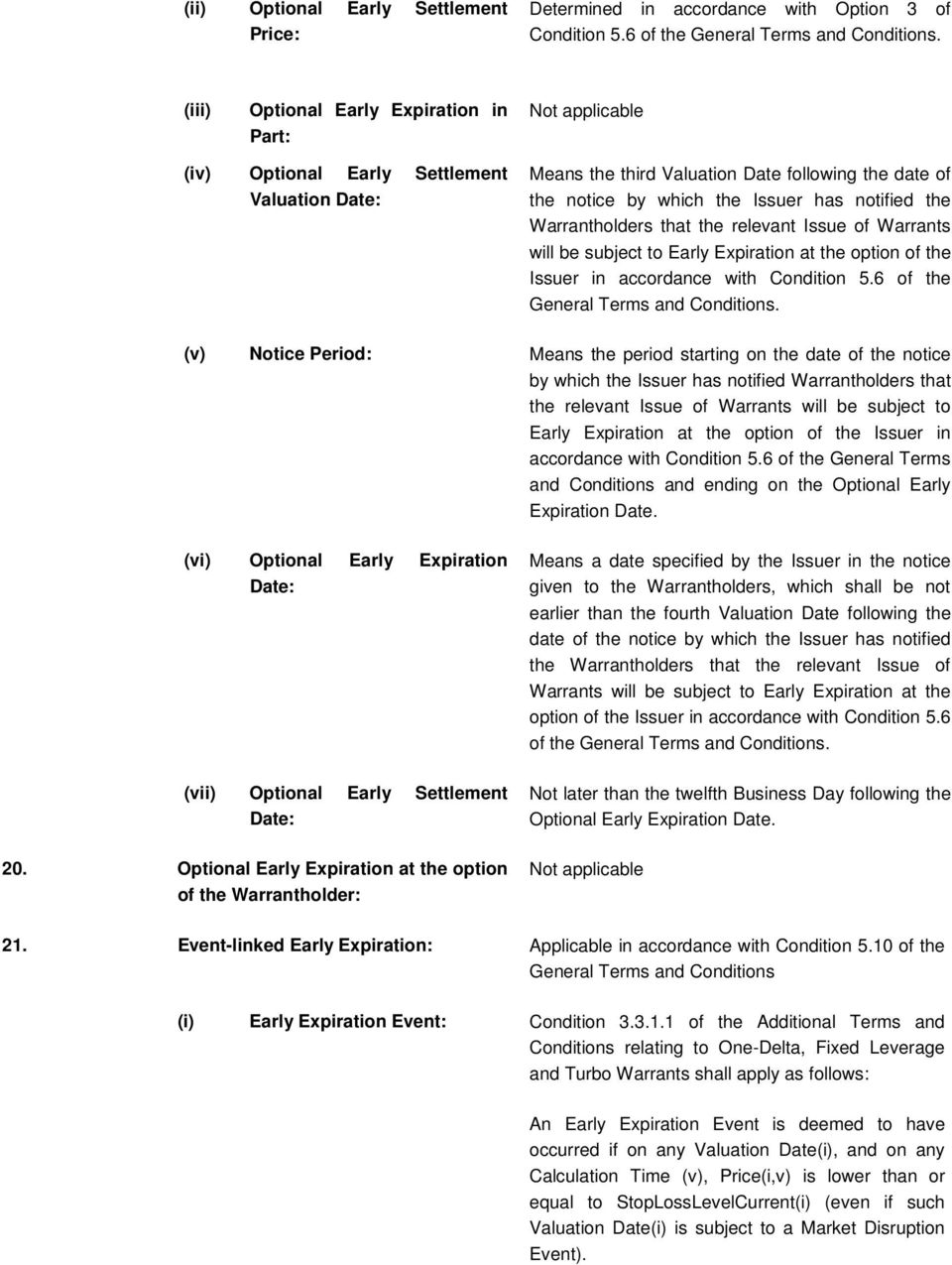 the Warrantholders that the relevant Issue of Warrants will be subject to Early Expiration at the option of the Issuer in accordance with Condition 5.6 of the General Terms and Conditions.