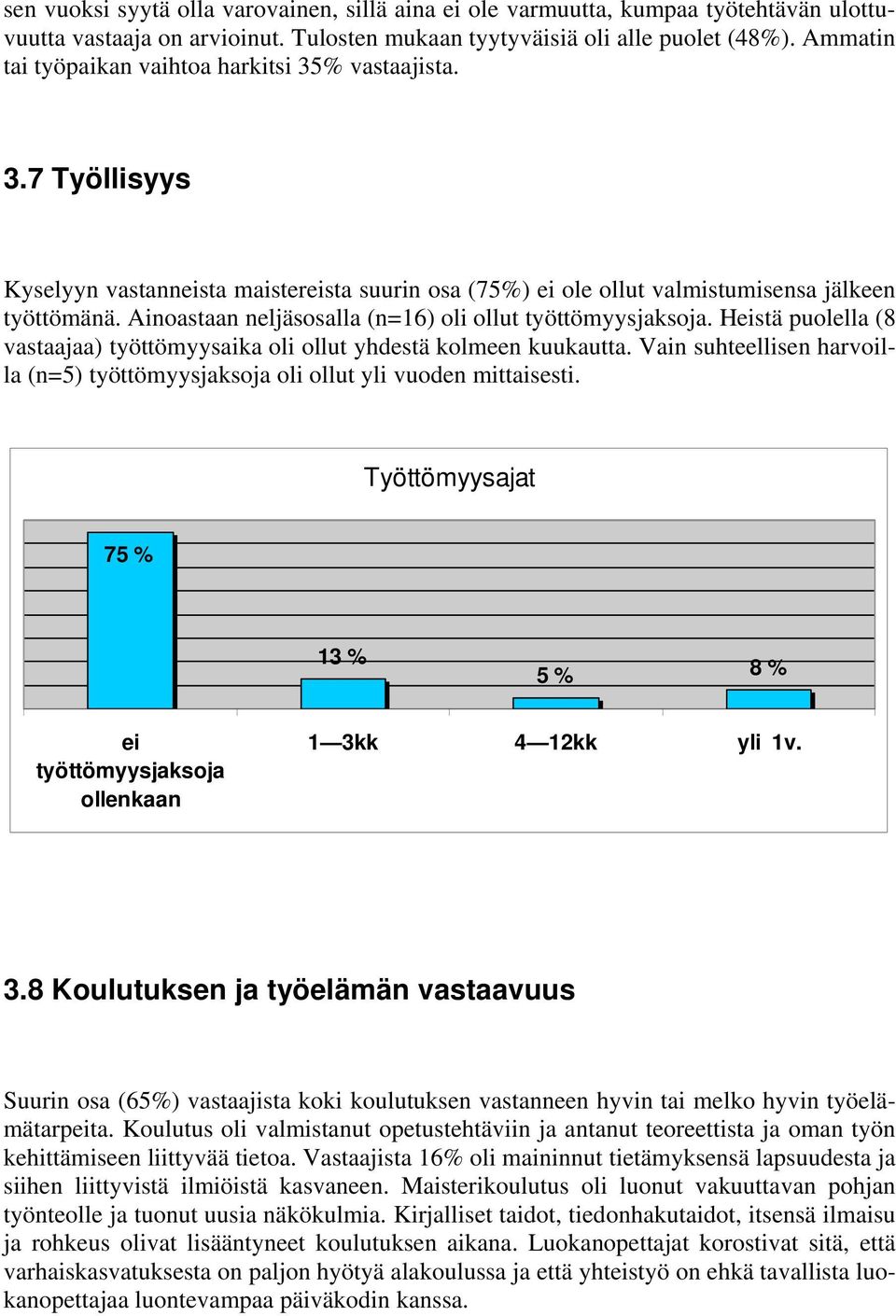 Ainoastaan neljäsosalla (n=16) oli ollut työttömyysjaksoja. Heistä puolella (8 vastaajaa) työttömyysaika oli ollut yhdestä kolmeen kuukautta.