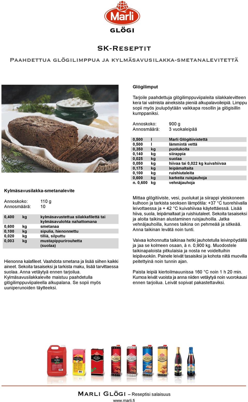 Annoskoko: Annosmäärä: 900 g 3 vuokaleipää Kylmäsavusilakka-smetanalevite Annoskoko: 110 g 0,400 kg kylmäsavustettua silakkafilettä tai kylmäsavulohta nahattomana 0,600 kg smetanaa 0,100 kg sipulia,