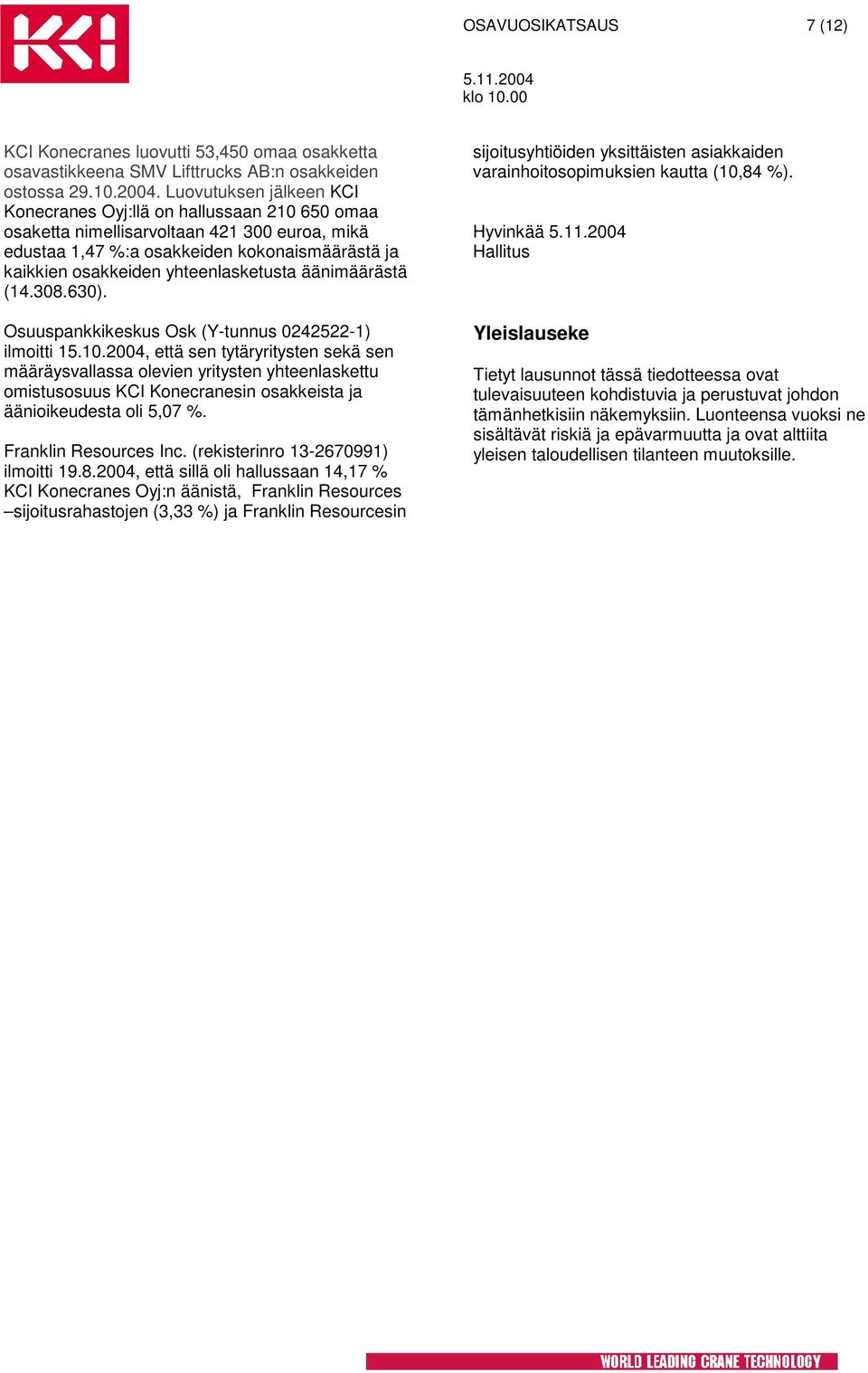 yhteenlasketusta äänimäärästä (14.308.630). Osuuspankkikeskus Osk (Y-tunnus 0242522-1) ilmoitti 15.10.