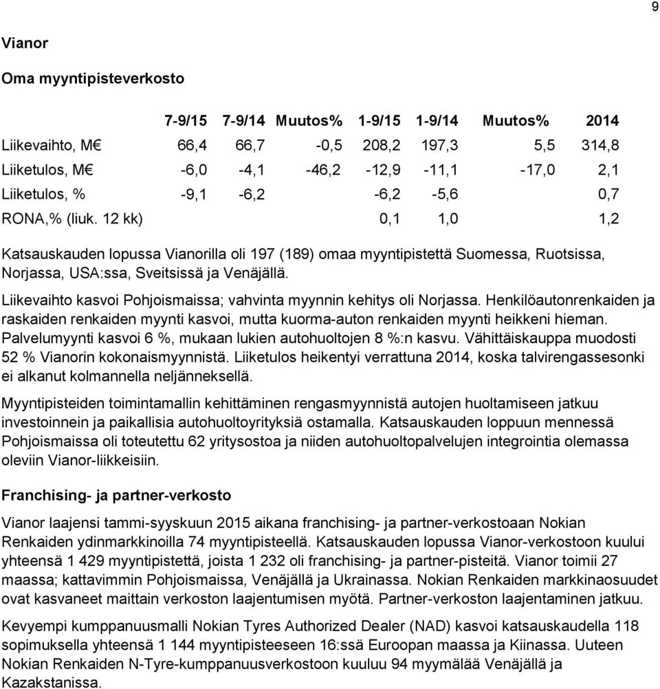 Liikevaihto kasvoi Pohjoismaissa; vahvinta myynnin kehitys oli Norjassa. Henkilöautonrenkaiden ja raskaiden renkaiden myynti kasvoi, mutta kuorma-auton renkaiden myynti heikkeni hieman.