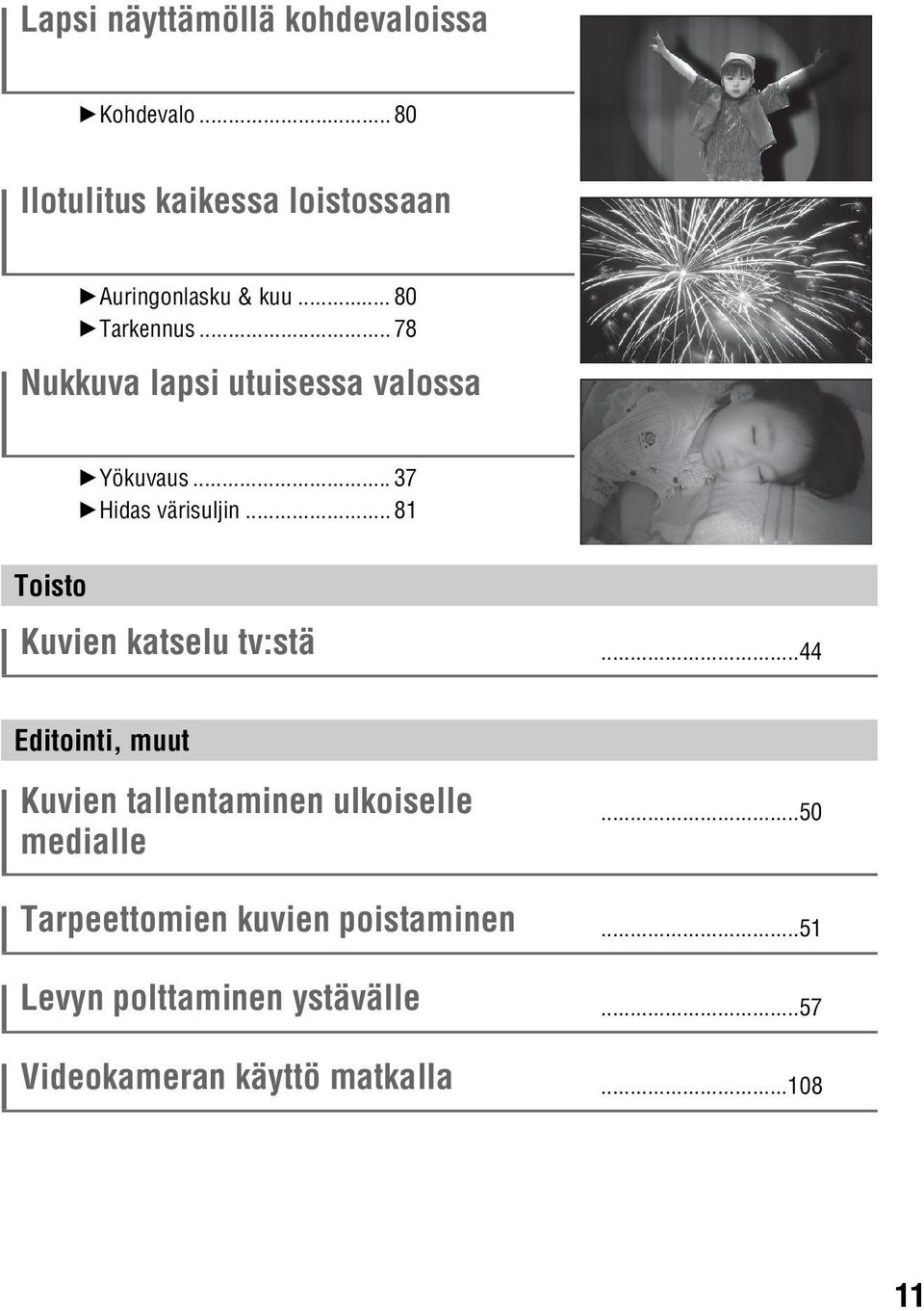 .. 81 Toisto Kuvien katselu tv:stä...44 Editointi, muut Kuvien tallentaminen ulkoiselle medialle.