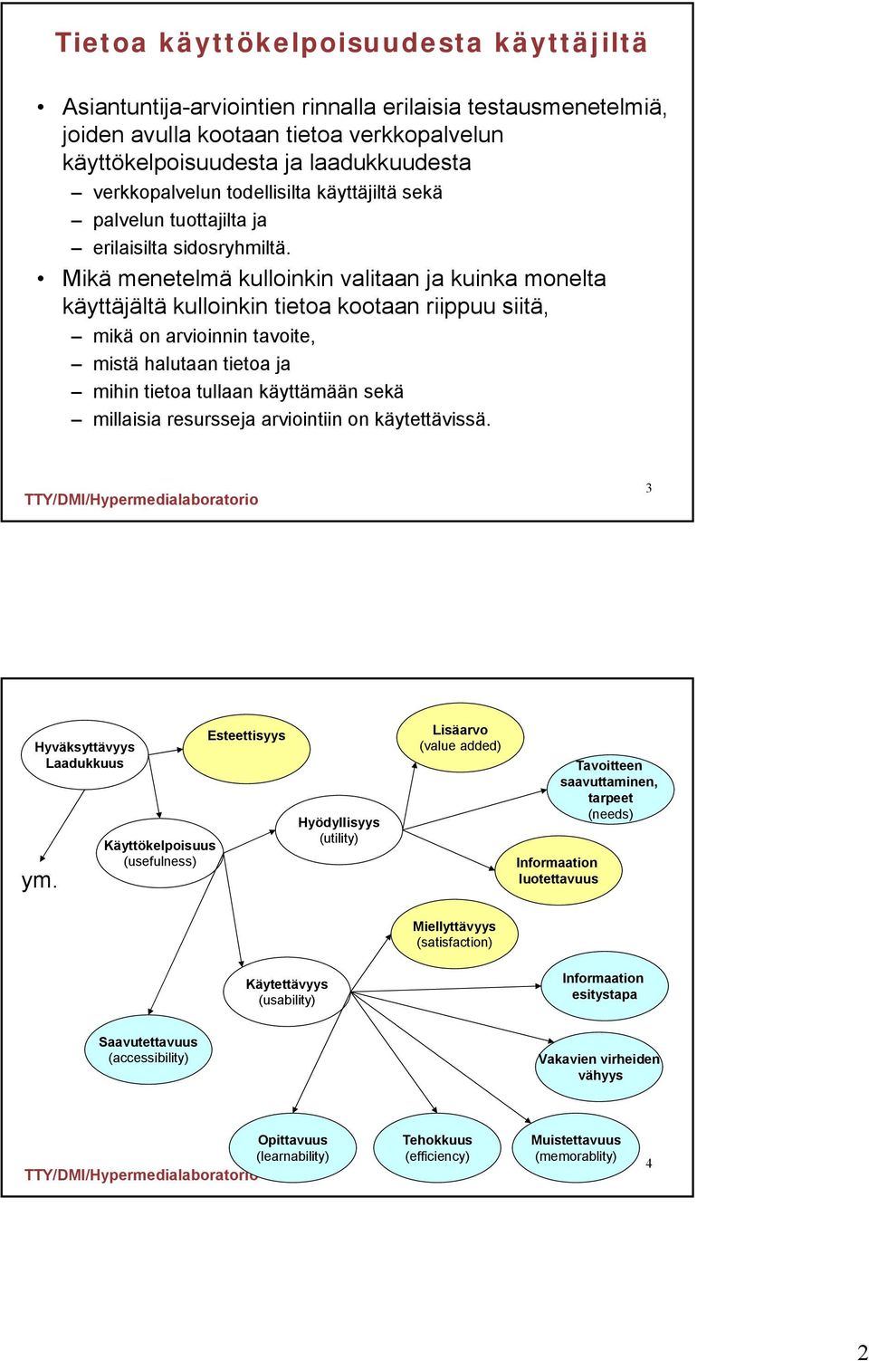 Mikä menetelmä kulloinkin valitaan ja kuinka monelta käyttäjältä kulloinkin tietoa kootaan riippuu siitä, mikä on arvioinnin tavoite, mistä halutaan tietoa ja mihin tietoa tullaan käyttämään sekä