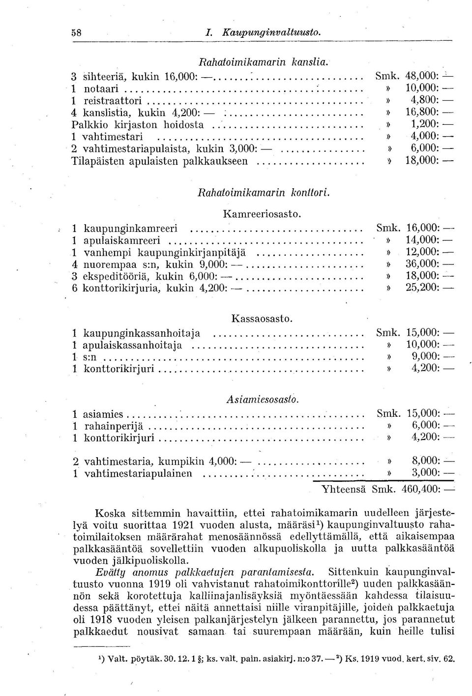 Tilapäisten apulaisten palkkaukseen > 18,000: Rahatoimikamarin konttori. Kamreeriosasto. 1 kaupunginkamreeri Smk.