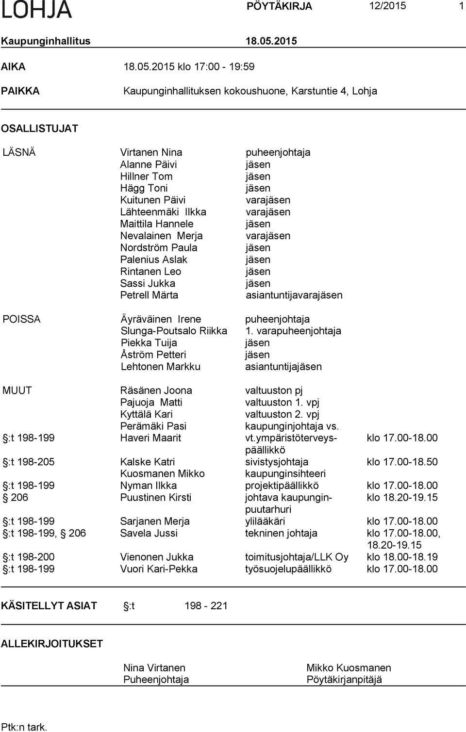 2015 klo 17:00-19:59 PAIKKA Kaupunginhallituksen kokoushuone, Karstuntie 4, Lohja OSALLISTUJAT LÄSNÄ Virtanen Nina puheenjohtaja Alanne Päivi jäsen Hillner Tom jäsen Hägg Toni jäsen Kuitunen Päivi