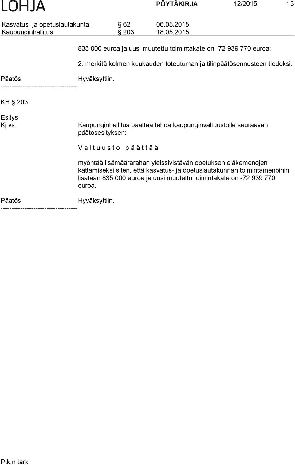 Kaupunginhallitus päättää tehdä kaupunginvaltuustolle seuraavan päätösesityksen: V a l t u u s t o p ä ä t t ä ä myöntää lisämäärärahan
