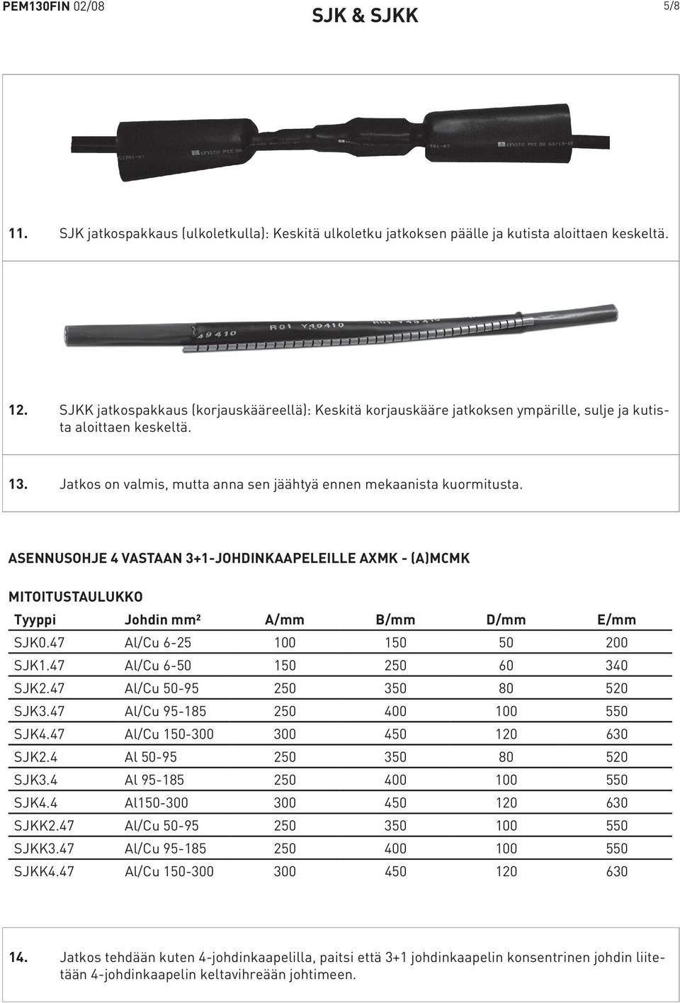 ASENNUSOHJE 4 VASTAAN 3+1-JOHDINKAAPELEILLE AXMK - (A)MCMK MITOITUSTAULUKKO Tyyppi Johdin mm² A/mm B/mm D/mm E/mm SJK0.47 Al/Cu 6-25 100 150 50 200 SJK1.47 Al/Cu 6-50 150 250 60 340 SJK2.