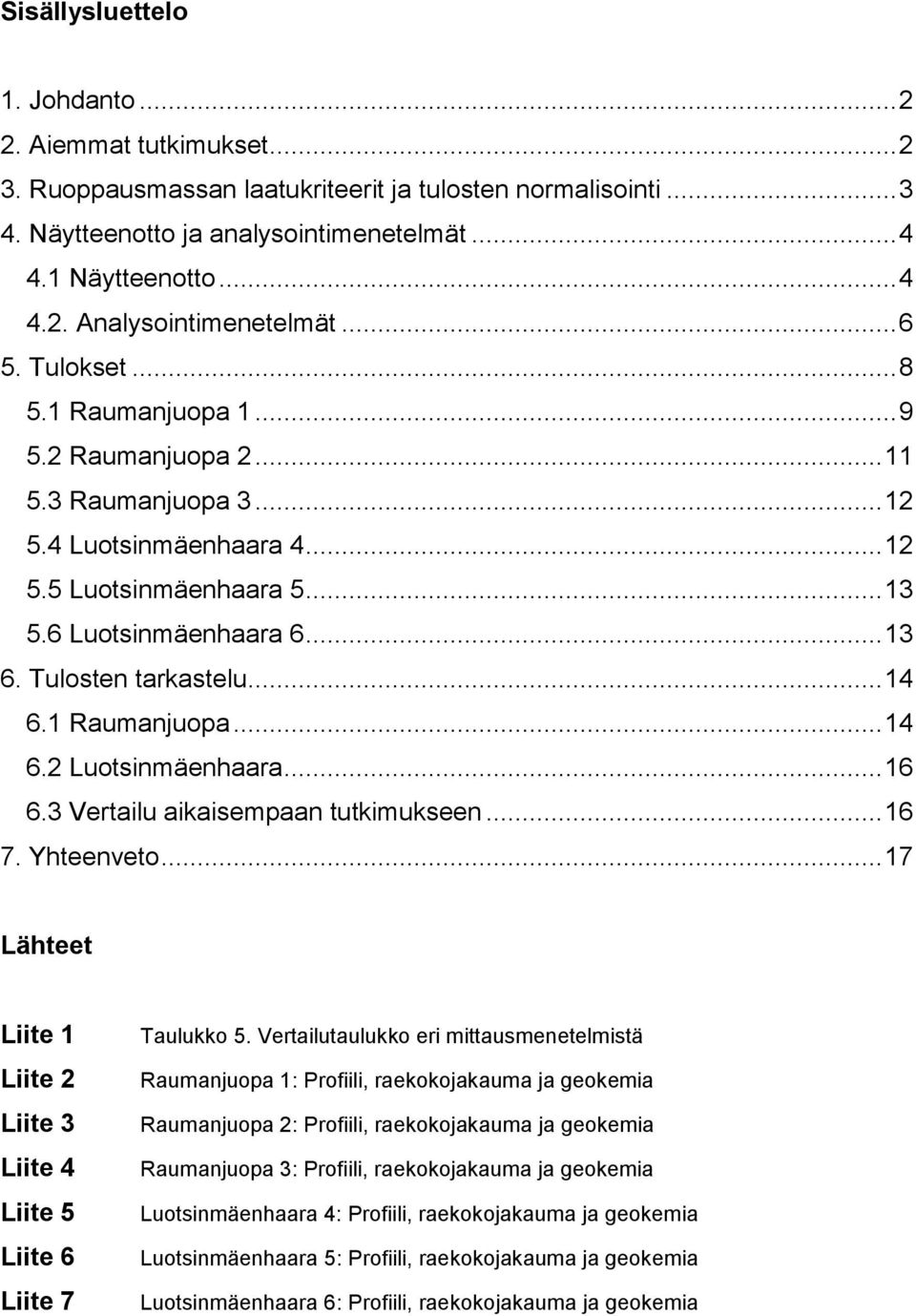 Tulosten tarkastelu... 14 6.1 Raumanjuopa... 14 6.2 Luotsinmäenhaara... 16 6.3 Vertailu aikaisempaan tutkimukseen... 16 7. Yhteenveto.