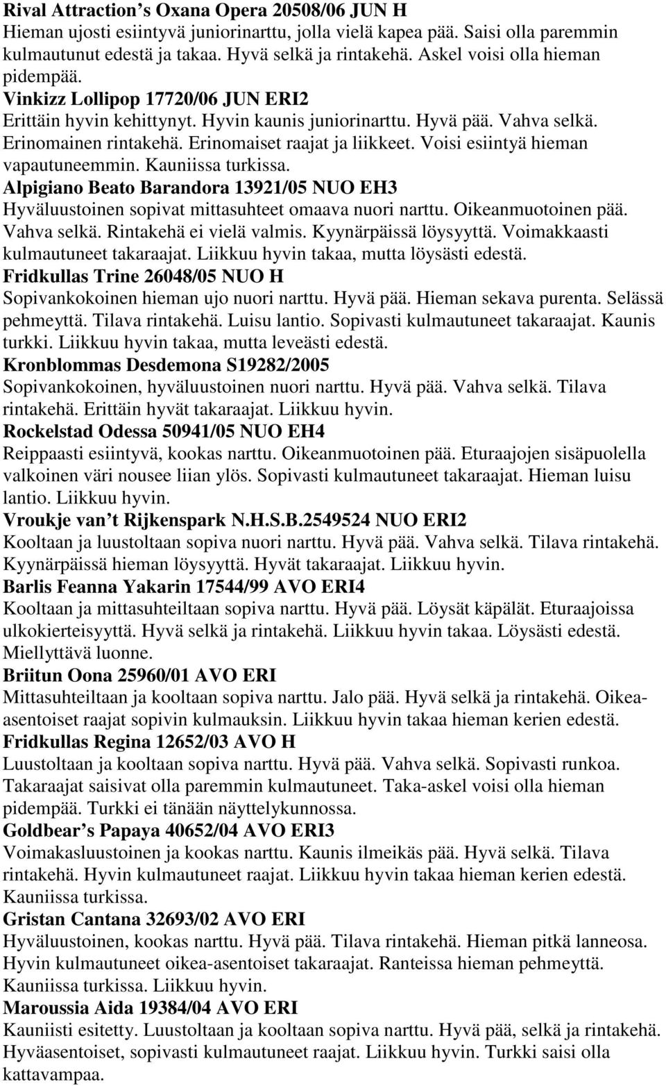 Erinomaiset raajat ja liikkeet. Voisi esiintyä hieman vapautuneemmin. Kauniissa turkissa. Alpigiano Beato Barandora 13921/05 NUO EH3 Hyväluustoinen sopivat mittasuhteet omaava nuori narttu.