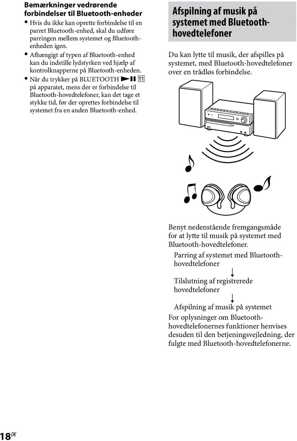 Når du trykker på BLUETOOTH på apparatet, mens der er forbindelse til Bluetooth-hovedtelefoner, kan det tage et stykke tid, før der oprettes forbindelse til systemet fra en anden Bluetooth-enhed.