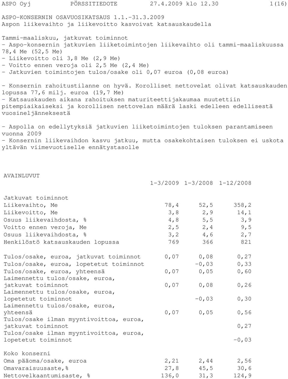 .3.2009 Aspon liikevaihto ja liikevoitto kasvoivat katsauskaudella Tammi-maaliskuu, jatkuvat toiminnot - Aspo-konsernin jatkuvien liiketoimintojen liikevaihto oli tammi-maaliskuussa 78,4 Me (52,5 Me)