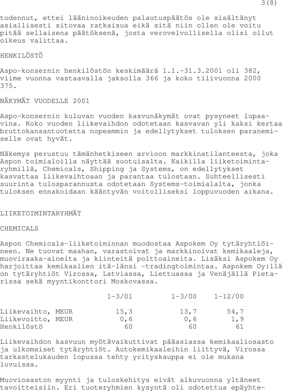 NÄKYMÄT VUODELLE 2001 Aspo-konsernin kuluvan vuoden kasvunäkymät ovat pysyneet lupaavina.