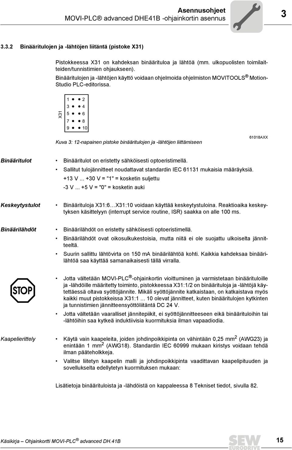 X 5 7 9 4 6 8 Kuva : -napainen pistoke binääritulojen ja -lähtöjen liittämiseen 68AXX Binääritulot Binääritulot on eristetty sähköisesti optoeristimellä.