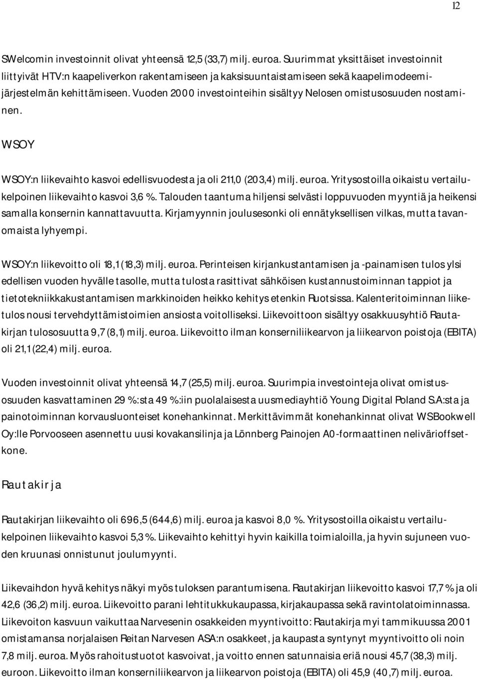 Vuoden 2000 investointeihin sisältyy Nelosen omistusosuuden nostaminen. WSOY WSOY:n liikevaihto kasvoi edellisvuodesta ja oli 211,0 (203,4) milj. euroa.