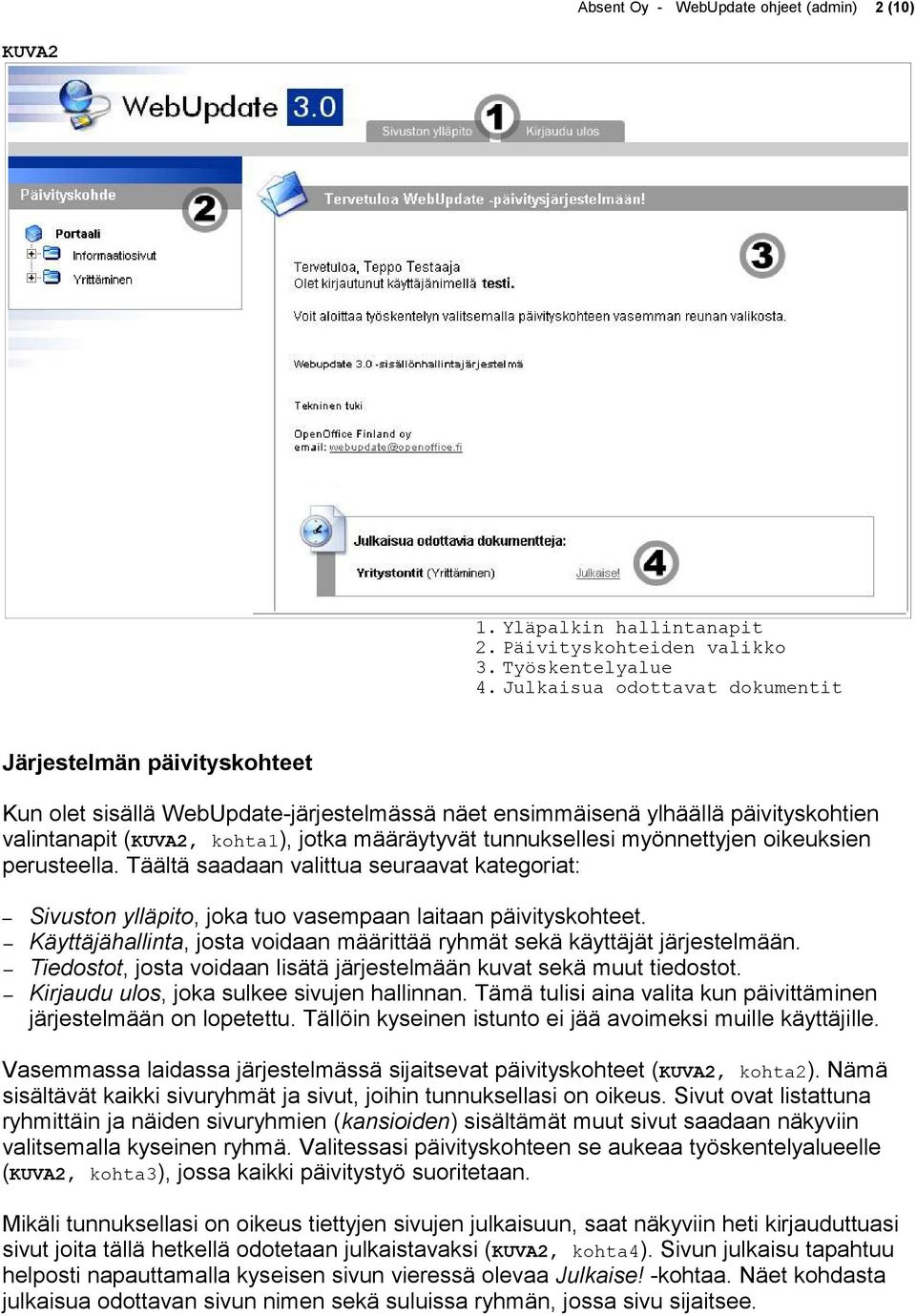 tunnuksellesi myönnettyjen oikeuksien perusteella. Täältä saadaan valittua seuraavat kategoriat: Sivuston ylläpito, joka tuo vasempaan laitaan päivityskohteet.