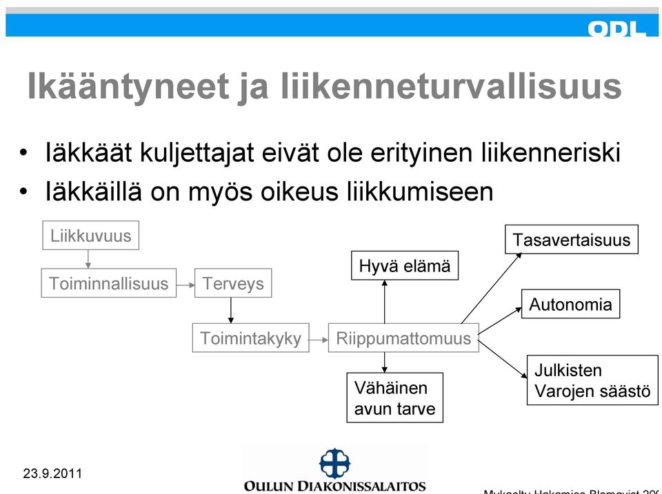 Liikkuvuus Tasavertaisuus Toiminnallisuus Terveys Hyvä elämä