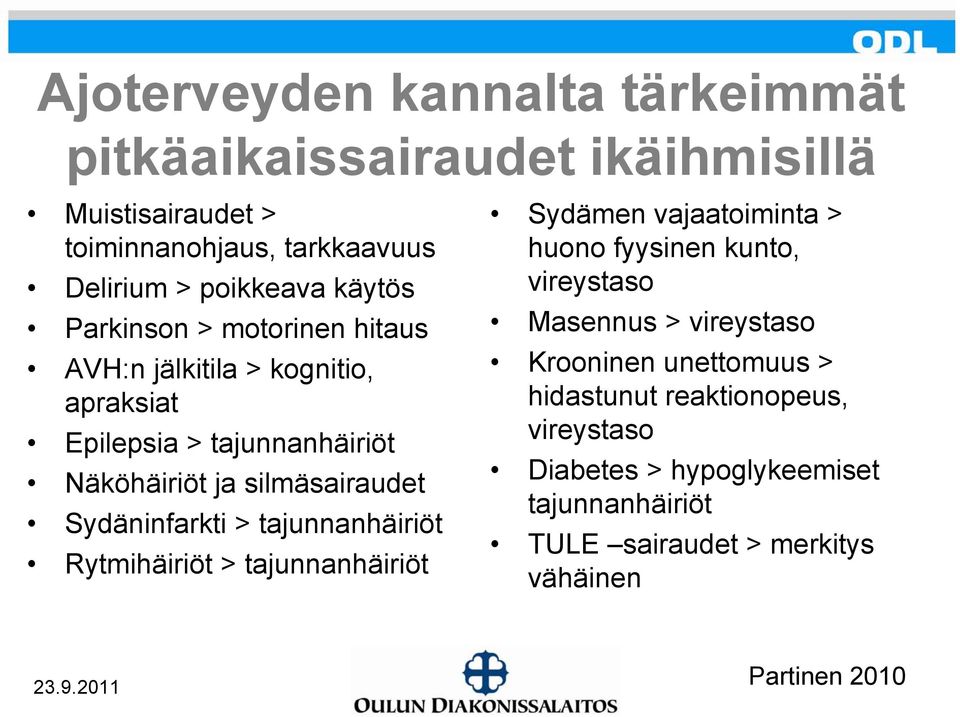 Sydäninfarkti > tajunnanhäiriöt Rytmihäiriöt > tajunnanhäiriöt Sydämen vajaatoiminta > huono fyysinen kunto, vireystaso Masennus >