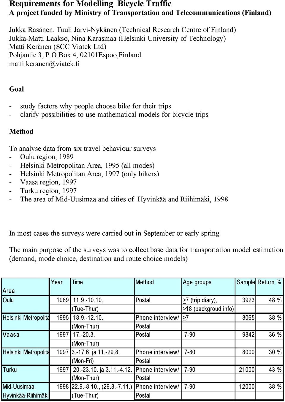 fi Goal - study factors why people choose bike for their trips - clarify possibilities to use mathematical models for bicycle trips Method To analyse data from six travel behaviour surveys - Oulu