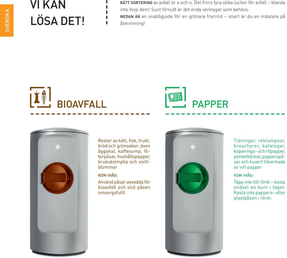 BIOAVFALL PAPPER Rester av kött, fisk, frukt, bröd och grönsaker; även äggskal, kaffesump, filterpåsar, hushållspapper, krukväxtmylla och snittblommor KOM IHÅG: Använd påsar