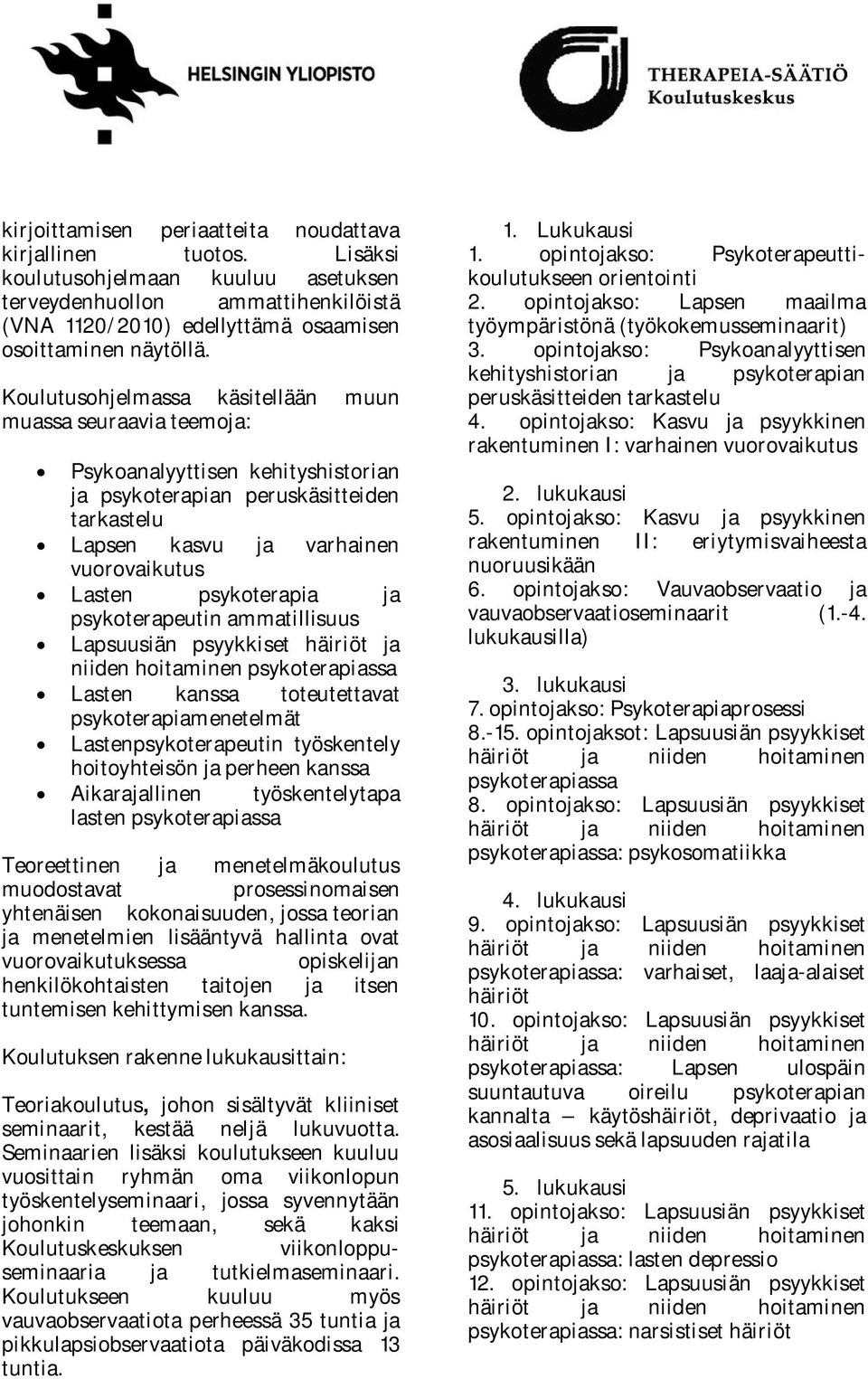 psykoterapia ja psykoterapeutin ammatillisuus Lapsuusiän psyykkiset häiriöt ja niiden hoitaminen psykoterapiassa Lasten kanssa toteutettavat psykoterapiamenetelmät Lastenpsykoterapeutin työskentely