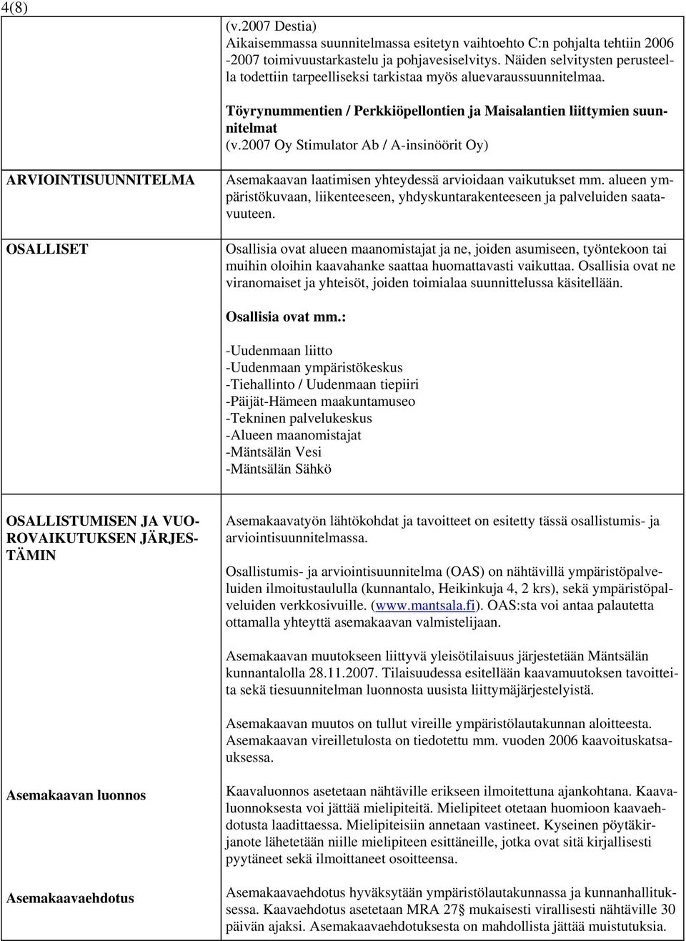 2007 Oy Stimulator Ab / A-insinöörit Oy) ARVIOINTISUUNNITELMA OSALLISET Asemakaavan laatimisen yhteydessä arvioidaan vaikutukset mm.