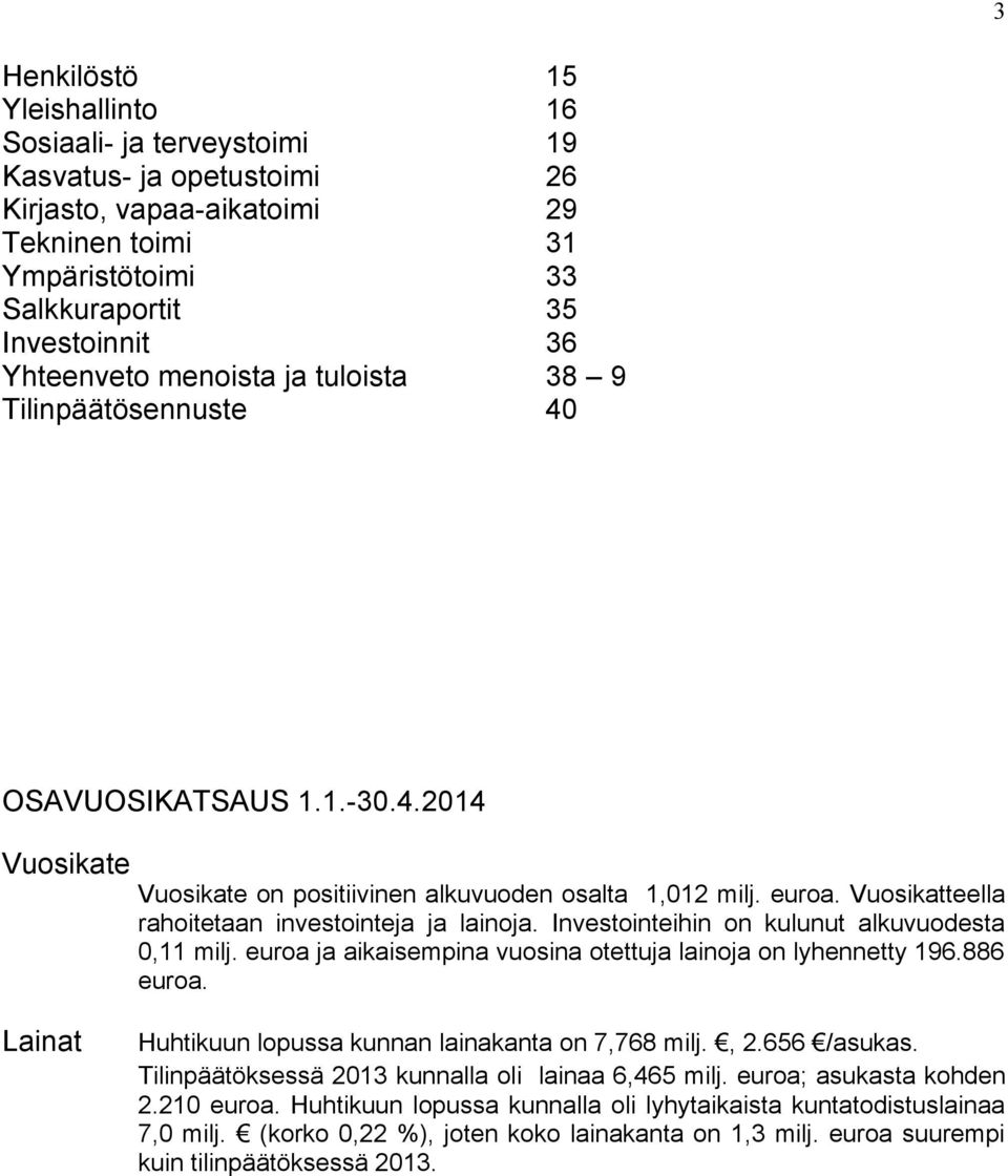 Vuosikatteella rahoitetaan investointeja ja lainoja. Investointeihin on kulunut alkuvuodesta 0,11 milj. euroa ja aikaisempina vuosina otettuja lainoja on lyhennetty 196.886 euroa.