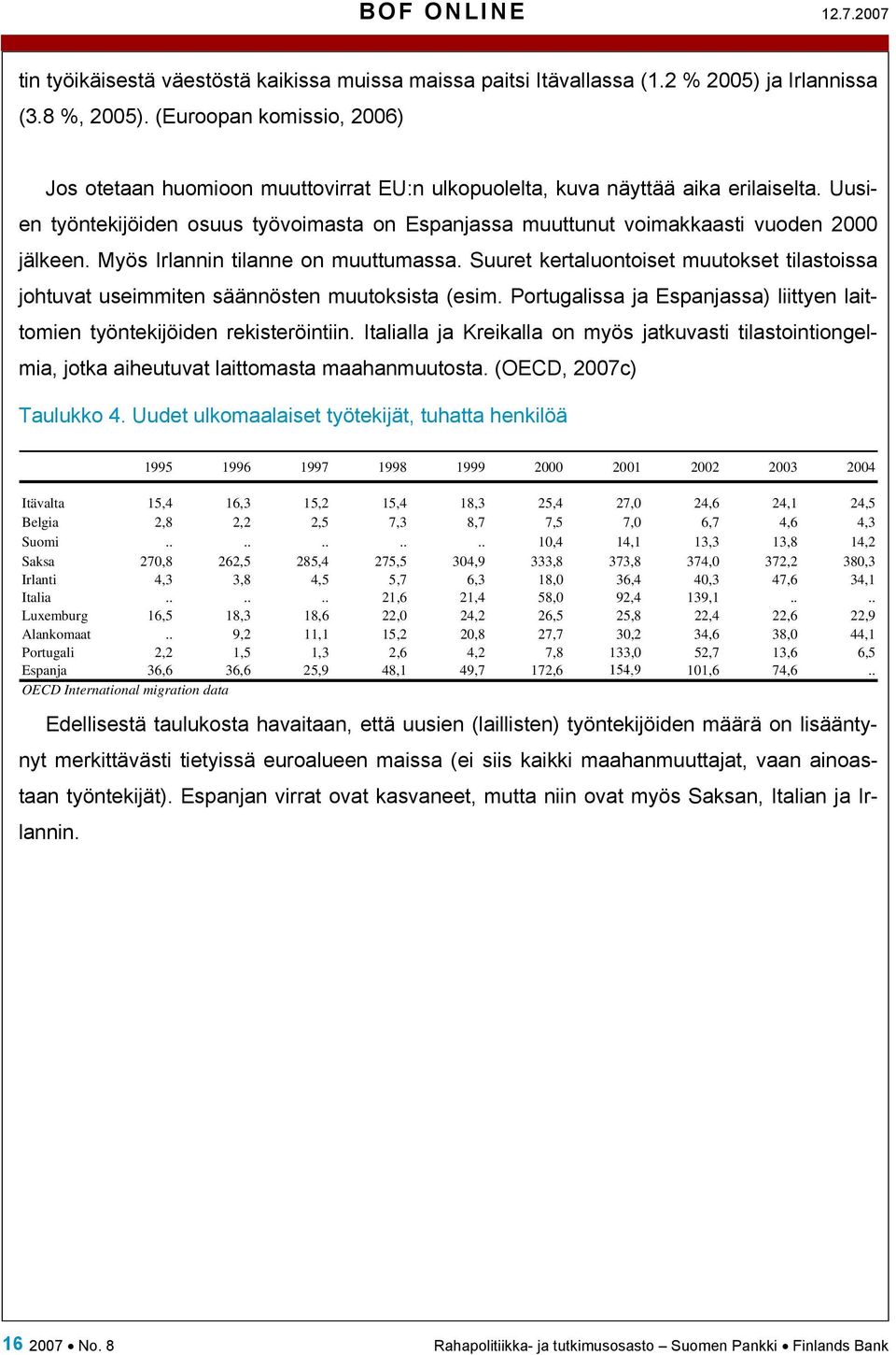 Uusien työntekijöiden osuus työvoimasta on Espanjassa muuttunut voimakkaasti vuoden 2000 jälkeen. Myös Irlannin tilanne on muuttumassa.