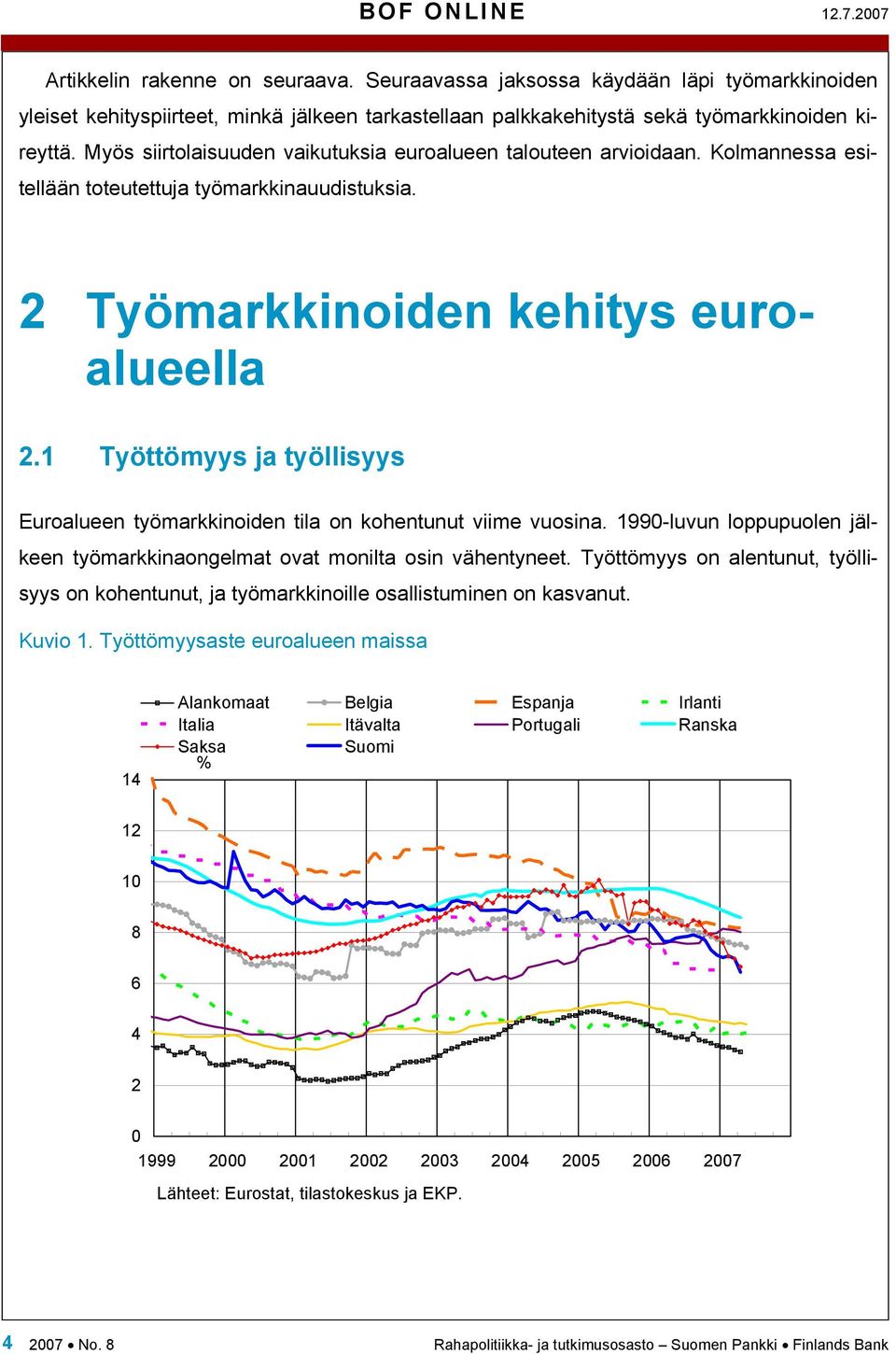 Myös siirtolaisuuden vaikutuksia euroalueen talouteen arvioidaan. Kolmannessa esitellään toteutettuja työmarkkinauudistuksia. 2 Työmarkkinoiden kehitys euroalueella 2.