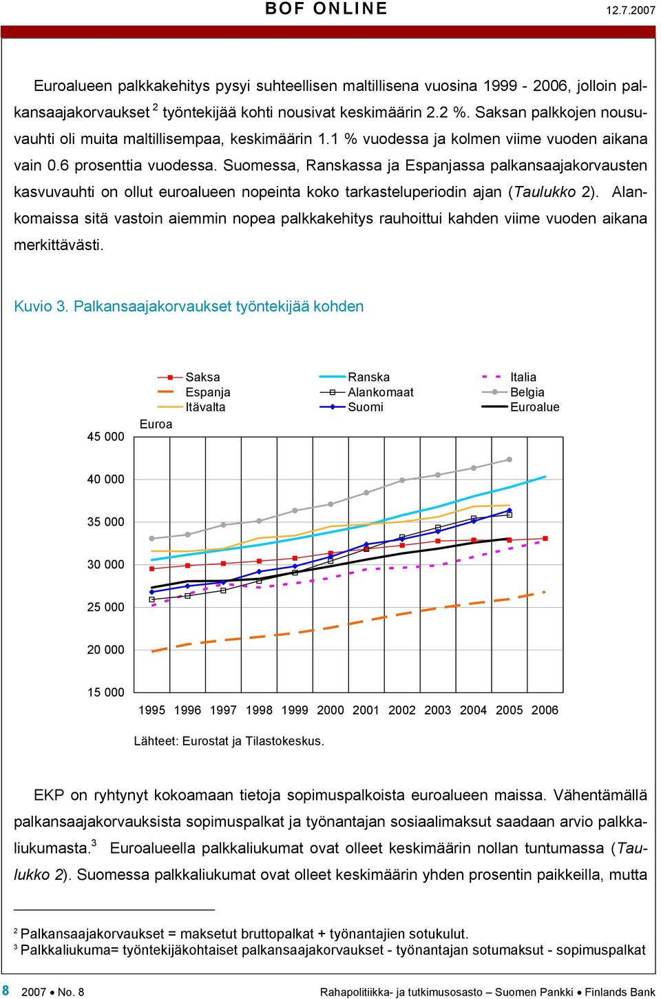 Suomessa, Ranskassa ja Espanjassa palkansaajakorvausten kasvuvauhti on ollut euroalueen nopeinta koko tarkasteluperiodin ajan (Taulukko 2).